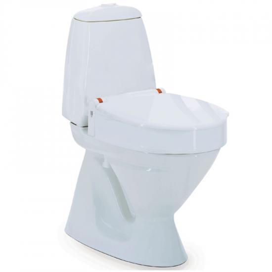 Invacare Aquatec 90000 raised toilet seat folded down.