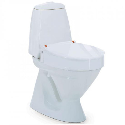 Invacare Aquatec 90000 raised toilet seat folded down.