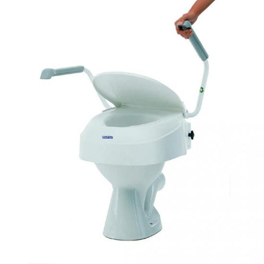 Invacare Aquatec 900 Raised Toilet Seat with handle raised.