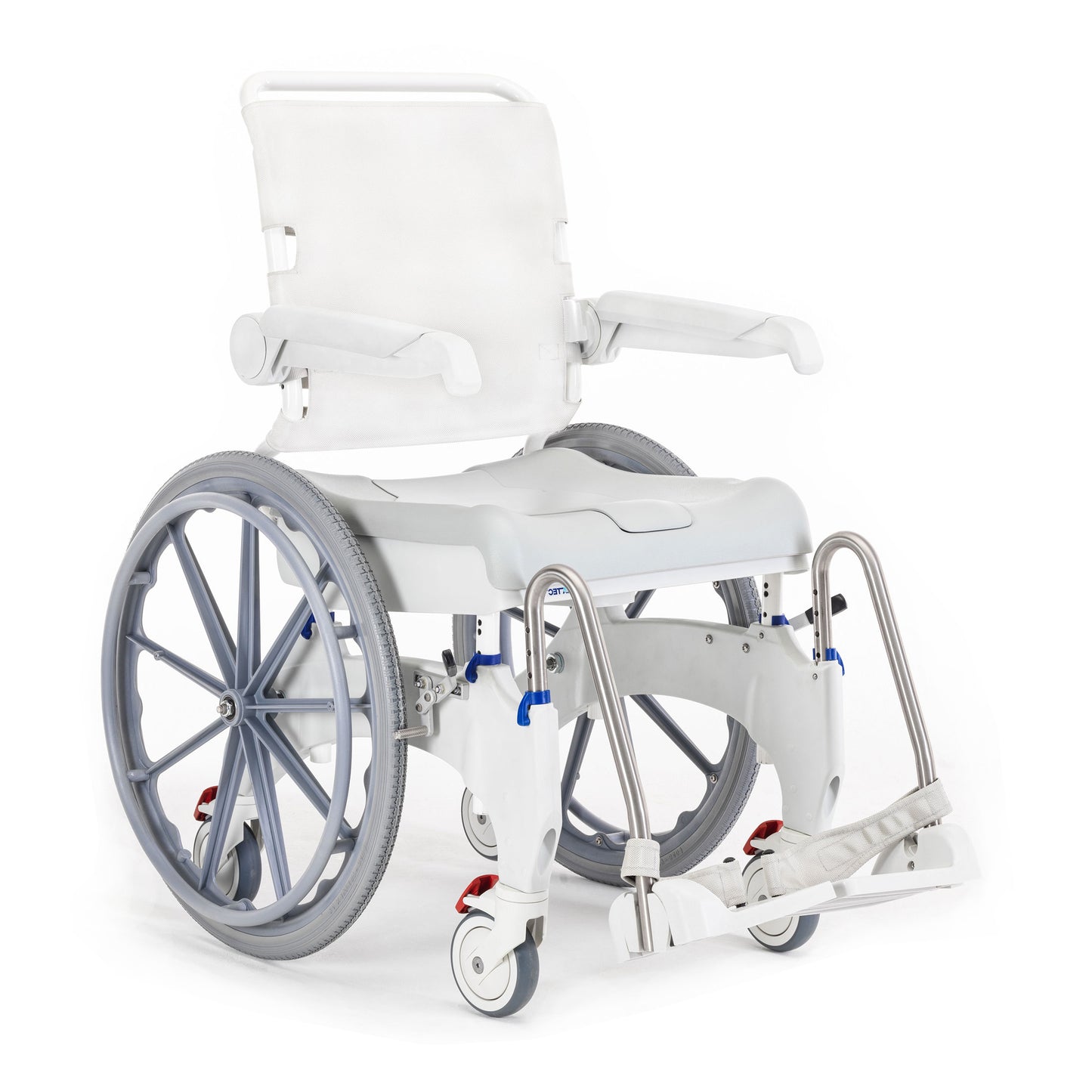 Aquatec Ocean 24” Ergo Self-Propelled Shower Chair with ergonomic seat and quick-release wheels.