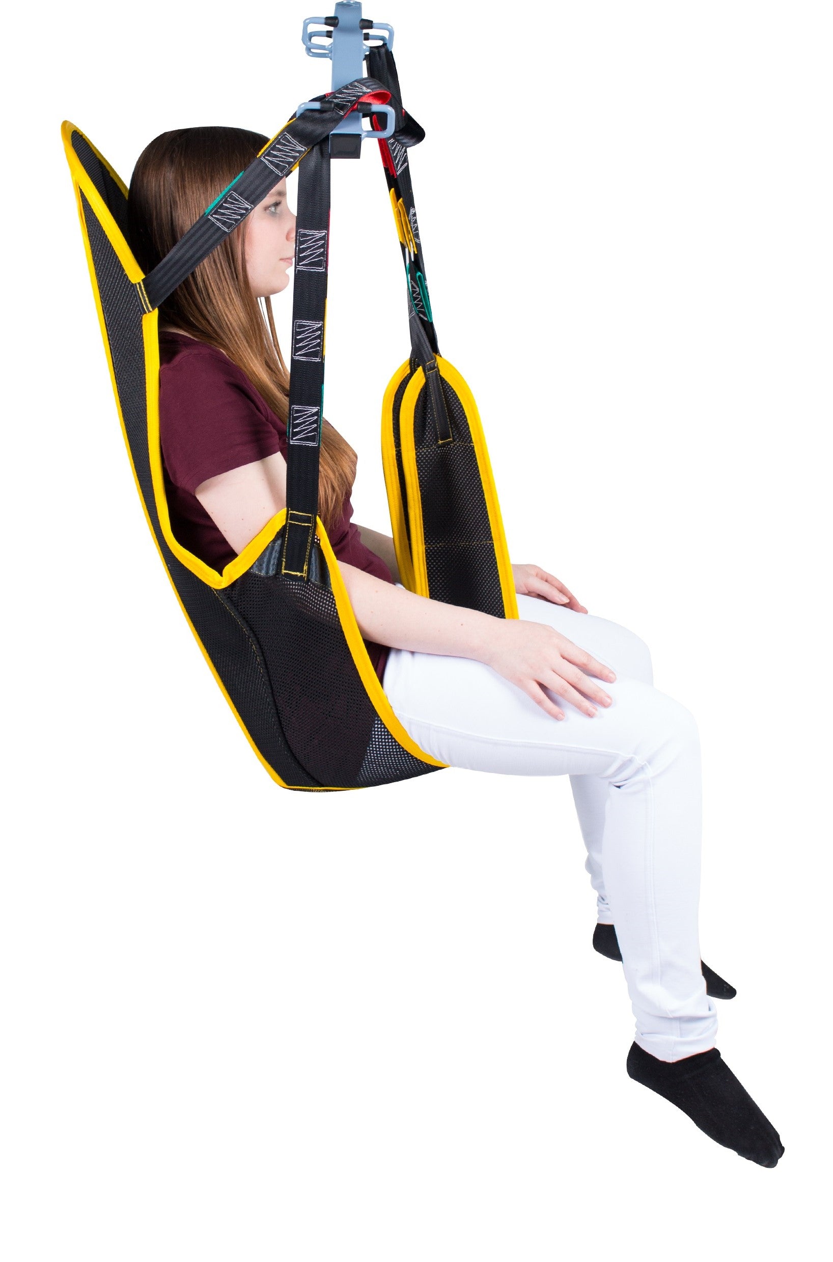 Close-up of Wellell Bathing Sling's quick-dry polyester-jersey net material, highlighting water runoff capability.