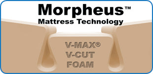 Morpheus Mattress Technology foam block with branding and text on a beige background