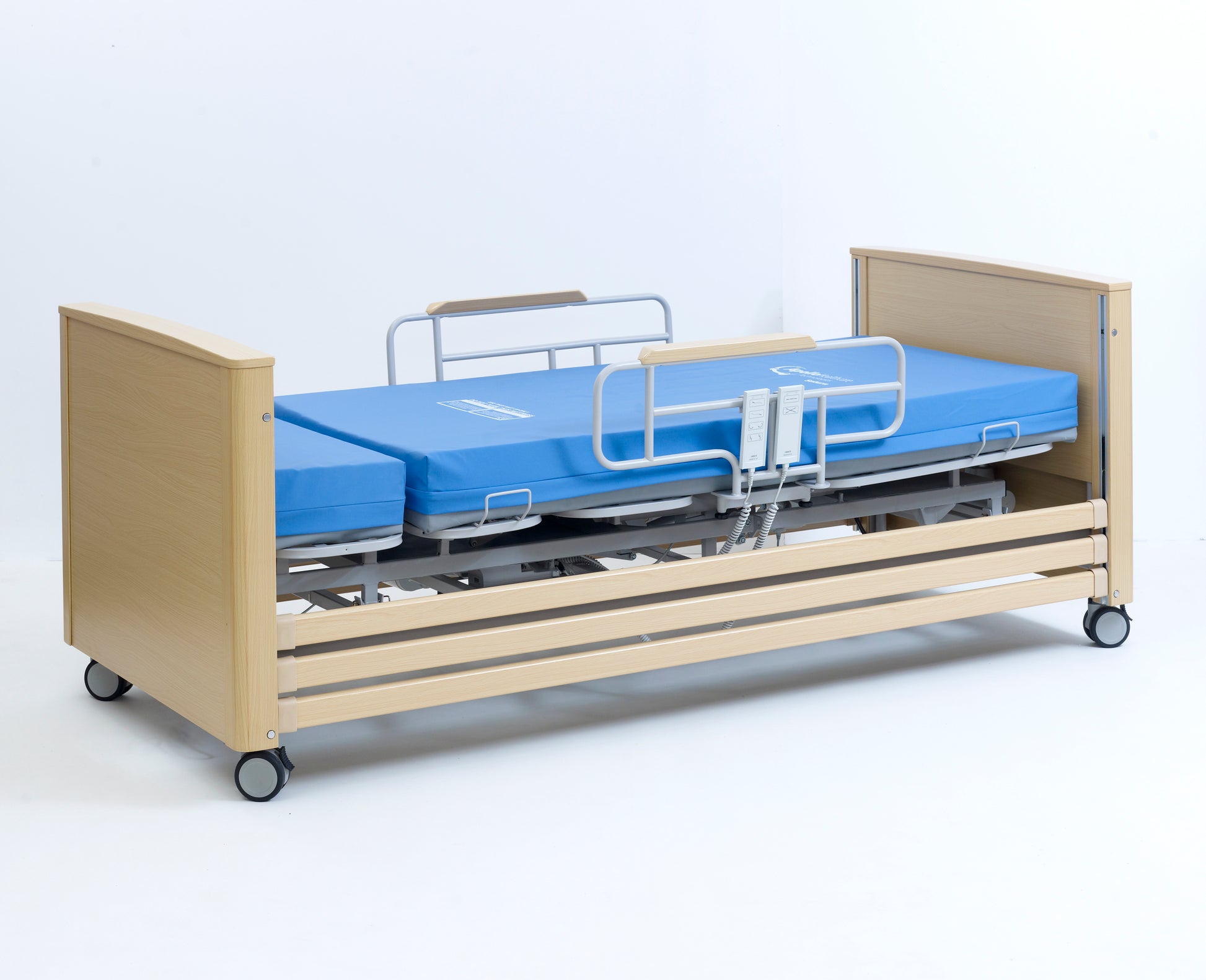 Hospital bed with blue mattress on a white background