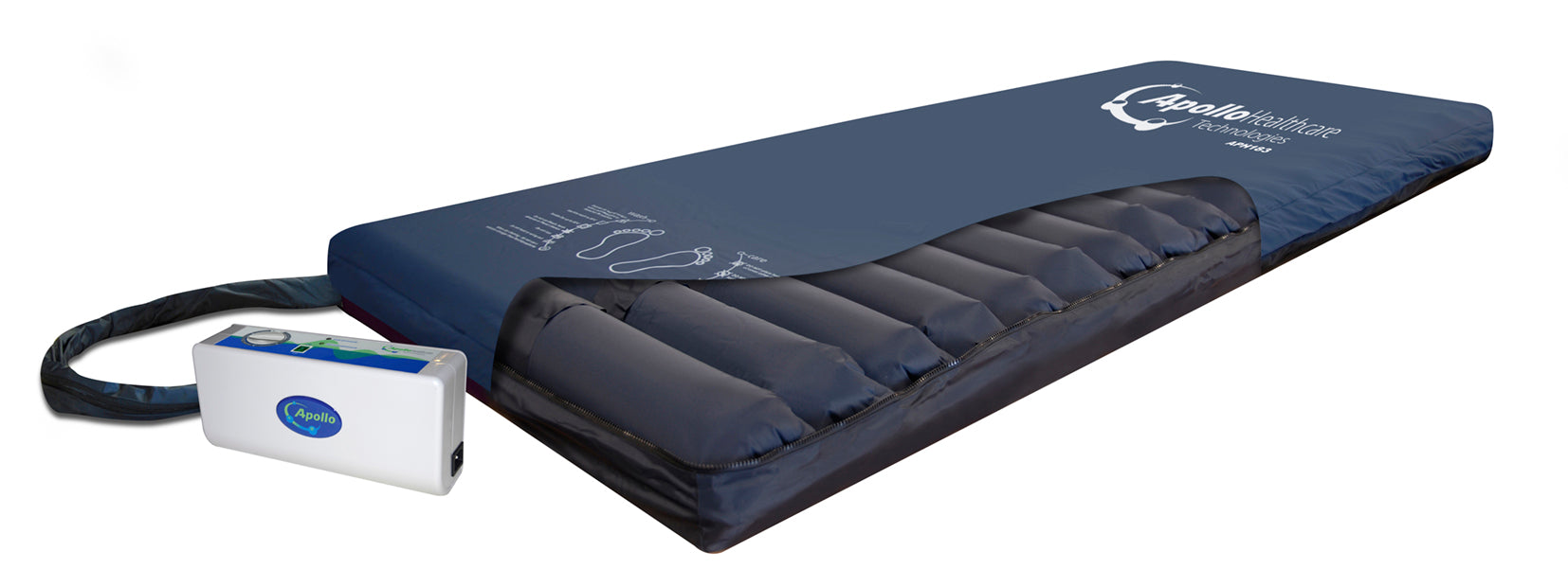 Apollo 5 Premium overlay mattress with alternating air cells placed on profiling bed and digital pump attached
