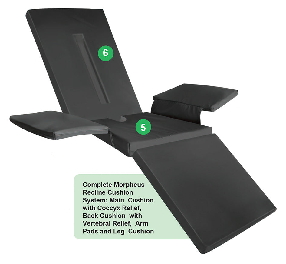 Black recline cushion system with labeled parts on a white background
