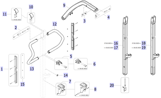 Birdie Evo Compact mast and boom foldable or fixed exploded diagram