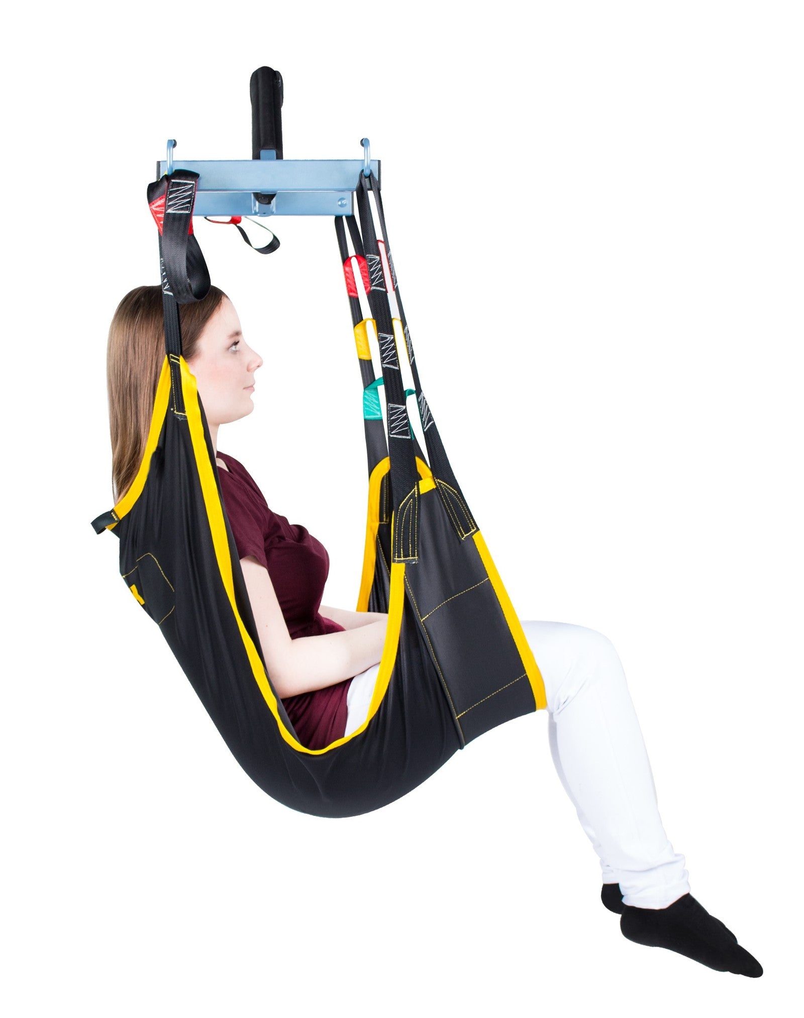 Angled side view of Hammock Sling showing hammock cut design and depth for pressure relief.