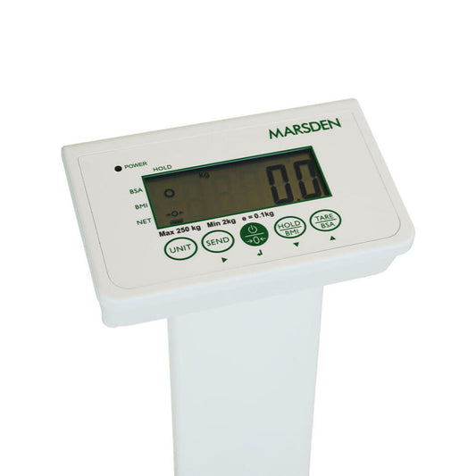 Digital scale with a white display and green buttons on a white background