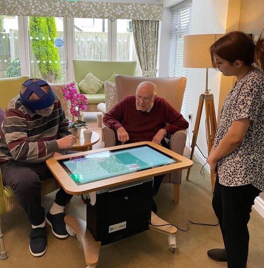 Edutouch Elite MAX 1 Auto Height Adjustable base with soft manual tilt interactive touch screen, activity table.