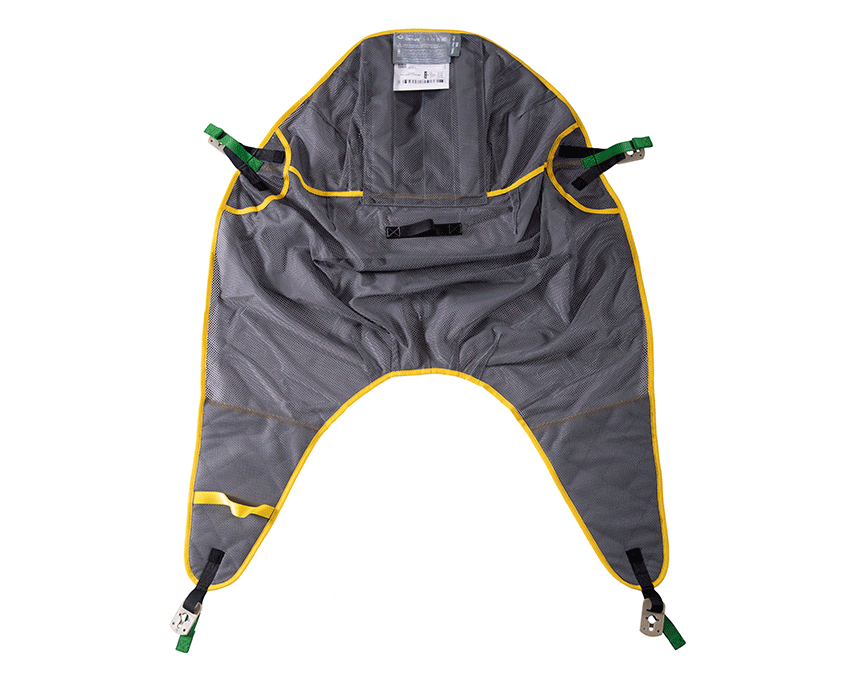 Close-up of Oxford Full Body Sling with Clips featuring colour-coded binding, Securi3 clip attachments, positioning handles, and modesty loop.