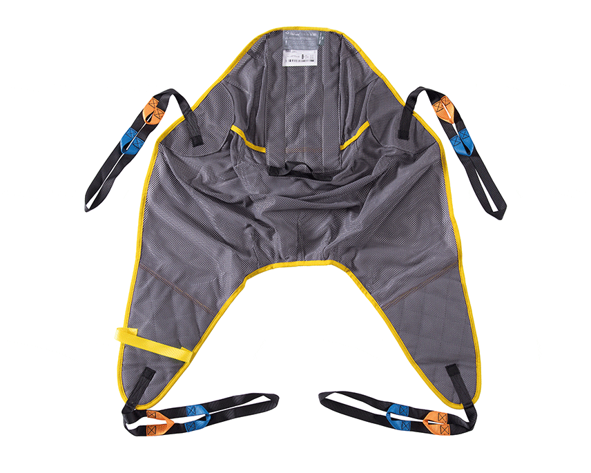 Close-up of Oxford Full Body (Loops) Sling’s colour-coded binding, attachment loops, positioning handles, and modesty loop.