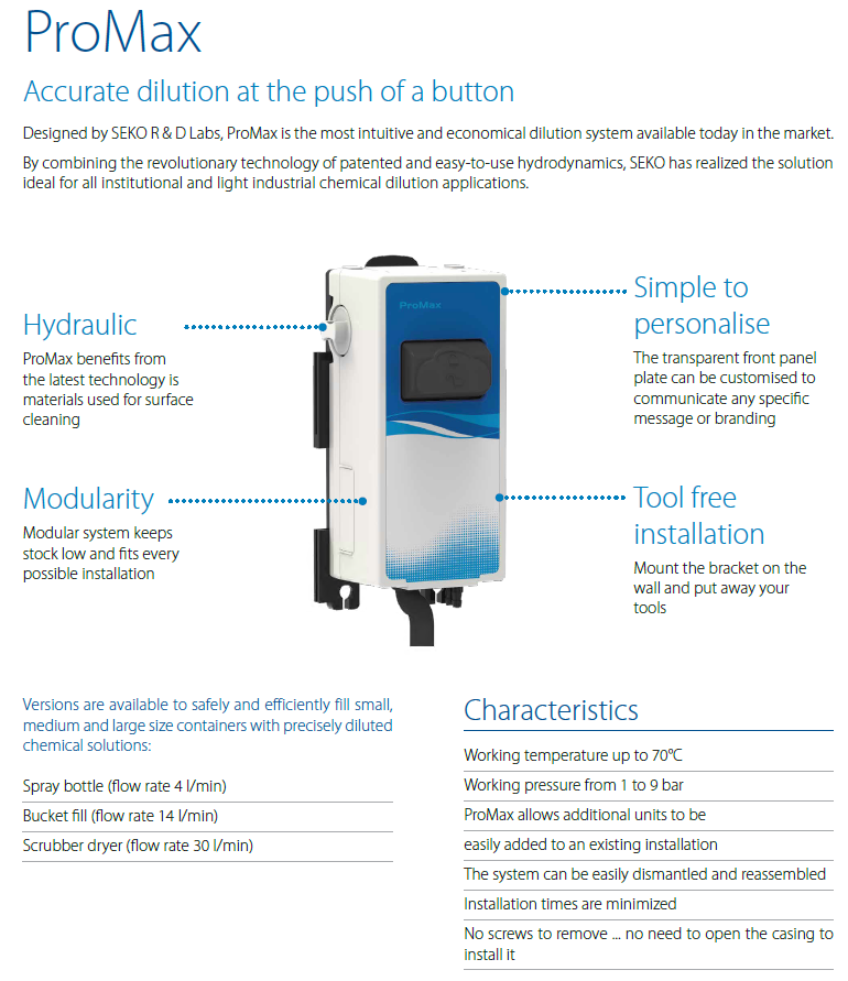 ProMax dilution system with features and benefits listed on a white background