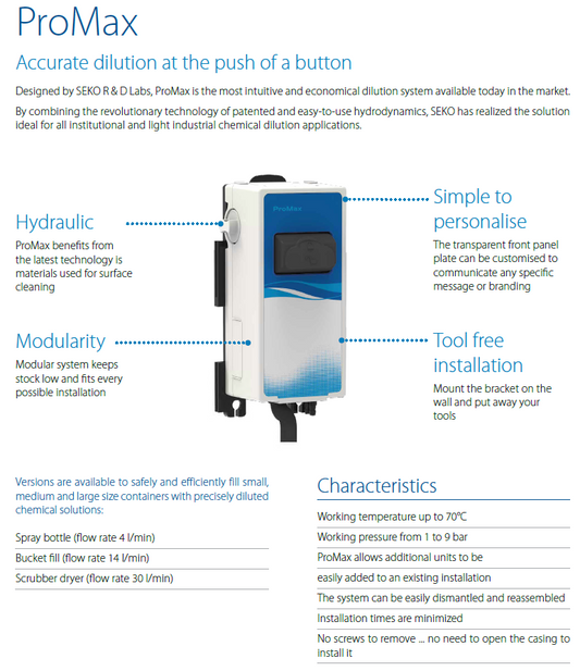 ProMax dilution system with features and benefits listed on a white background