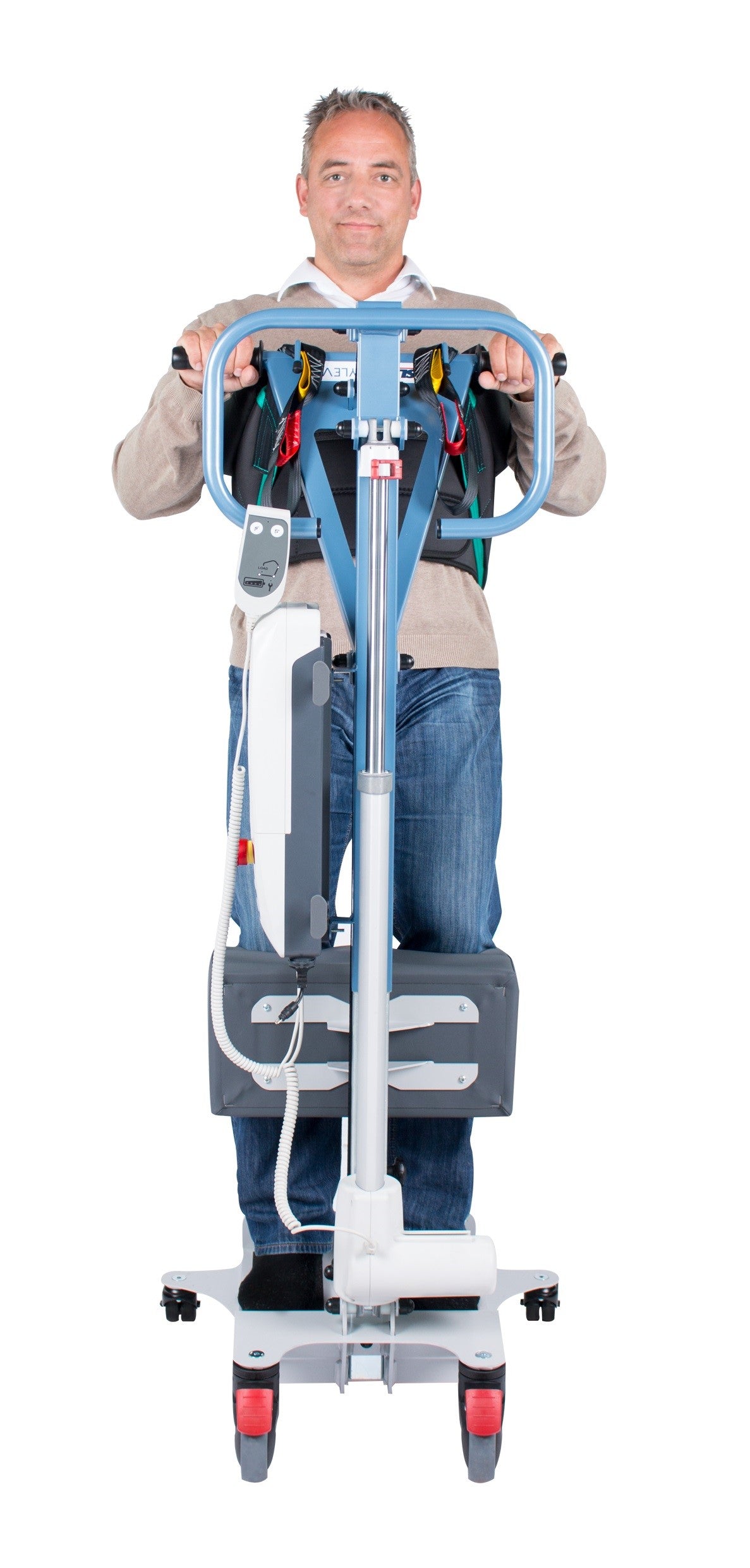 “Wellell Active Sling in use on an active hoist, showing user supported in padded sling with abdominal belt.