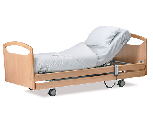 Wellell Pro-Care Wide Community Profiling Bed with beech timber siderails.
