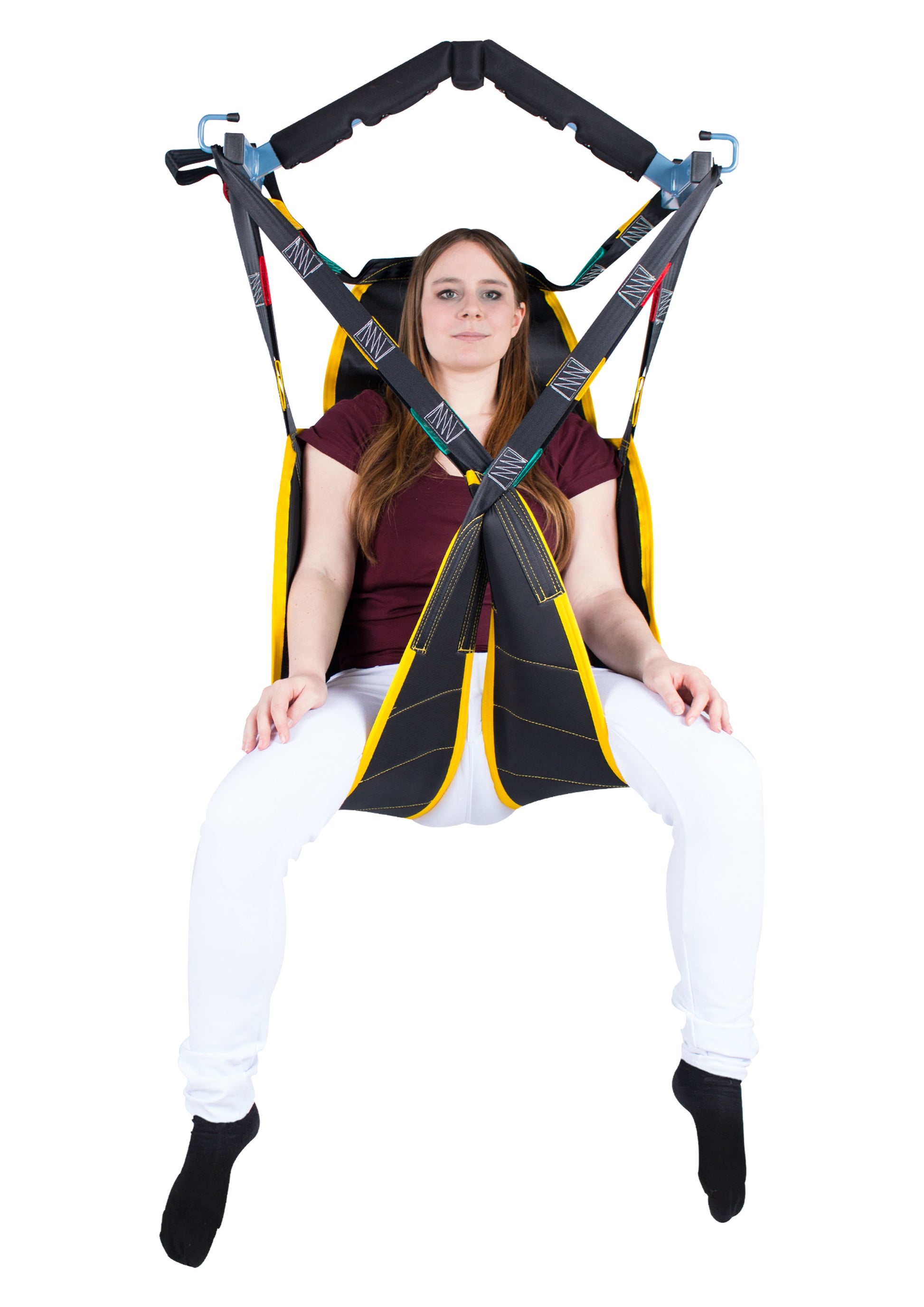 Wellell Universal Headrest attached to SLK hoist sling, demonstrating adjustable head support.