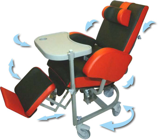 Red and black adjustable chair with a tray on a white background
