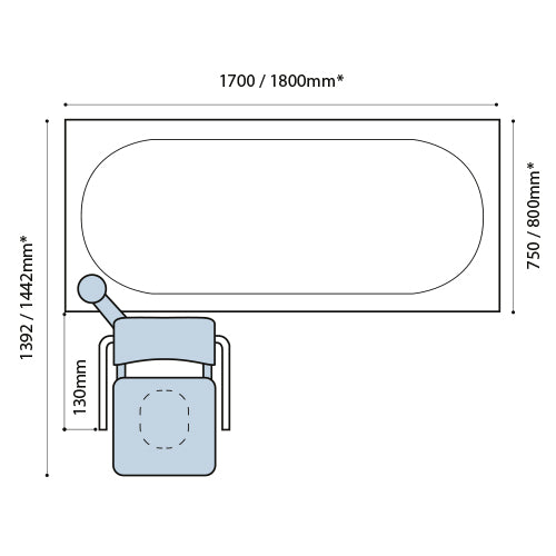 Excel 300 Fixed Bath swing seat full view of dimensions