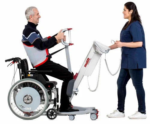 Inclined lift mast demonstration – illustrating ergonomic design promoting natural movement during standing transfers.