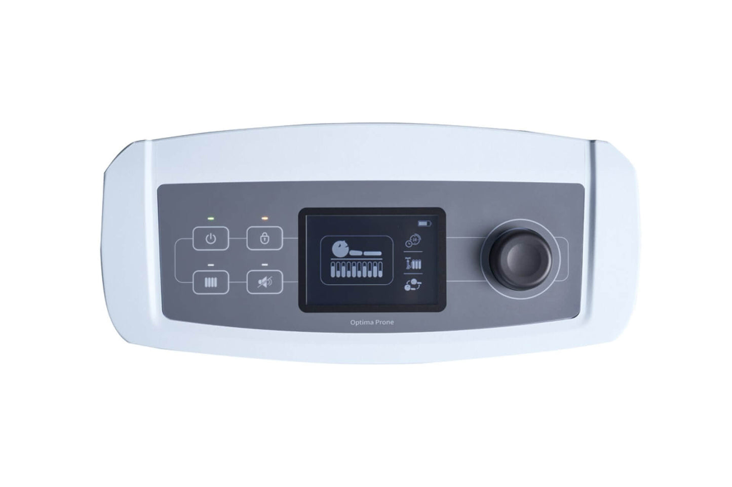 Digital pump control unit for Optima Prone system, featuring mode switches and CPR quick-deflate button.