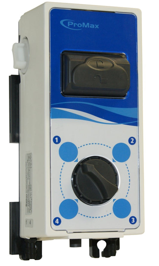 Promax control panel with blue and white design on a white background