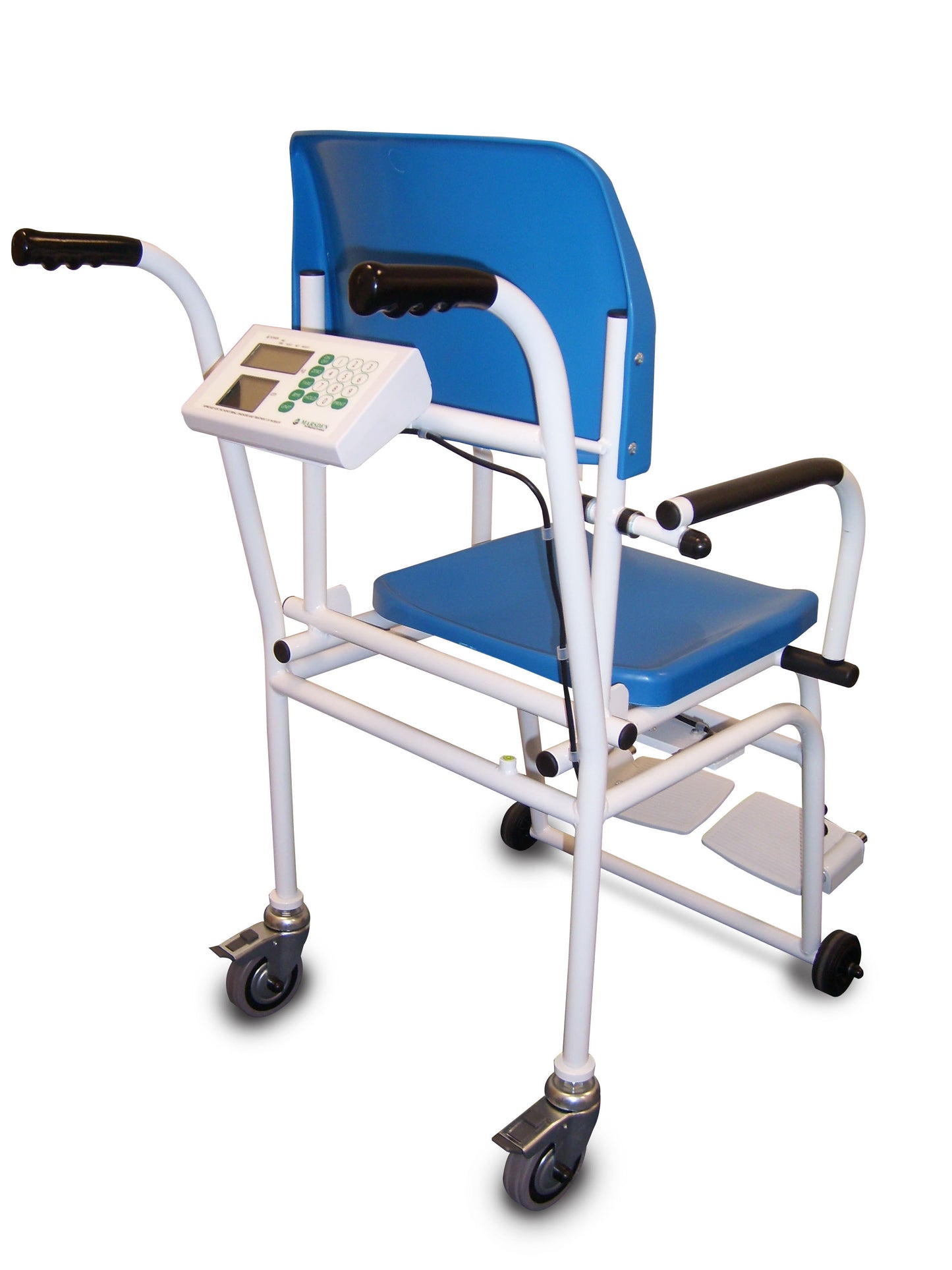 A Marsden M-210 chair scale with a blue seat and white frame on wheels, featuring a digital display and a control handle.