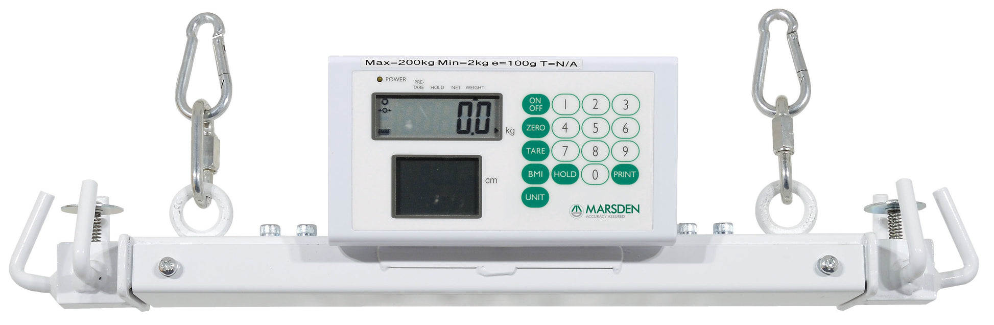 A white Marsden M-605 hoist weighing attachment scale with a digital display and green keypad.