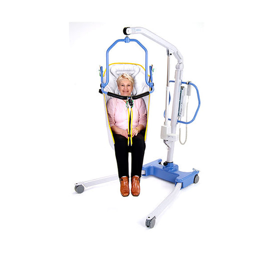 Oxford Comfort Disposable Sling fitted on a 4-point hoist cradle for a seated patient, showing contour fit and Securi3 clip attachment.