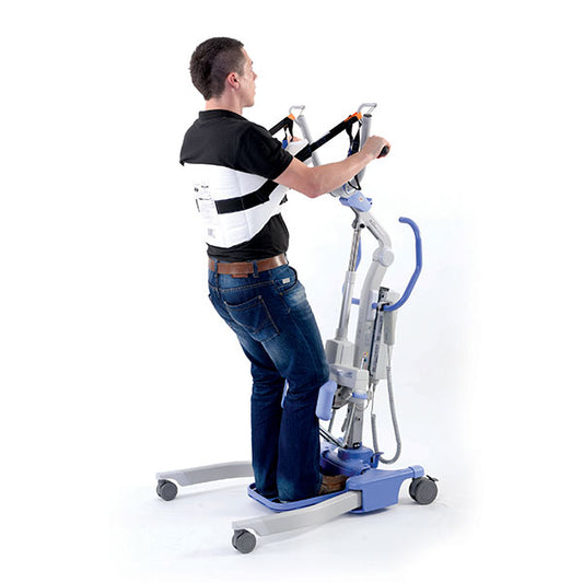 Oxford Comfort Disposable Sling fitted on a 4-point hoist cradle for a seated patient, showing contour fit and Securi3 clip attachment.