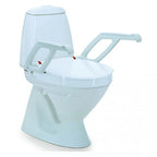 Invacare Aquatec 90000 raised toilet seat mounted on standard toilet showing optional swing-away armrests.