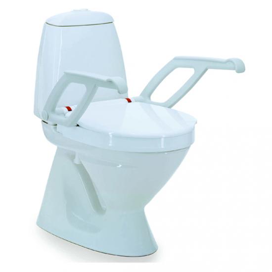 Invacare Aquatec 90000 raised toilet seat mounted on standard toilet showing optional swing-away armrests.