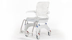 Side profile of Ocean Ergo shower commode chair with swing-away armrests and flip-up footplates