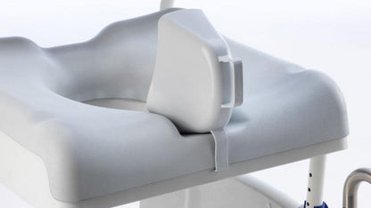 Removable commode pan with support rails on Aquatec Ocean Ergo shower commode chair