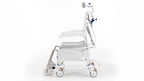 Side profile of the Invacare Aquatec Ocean VIP Ergo Tilt-in-Space Shower Commode showcasing adjustable footrests and armrests.