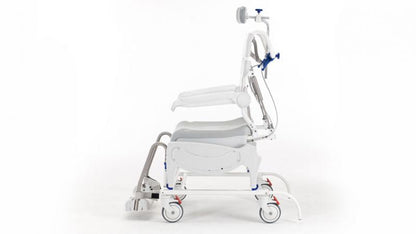 Side profile of the Invacare Aquatec Ocean VIP Ergo Tilt-in-Space Shower Commode showcasing adjustable footrests and armrests.