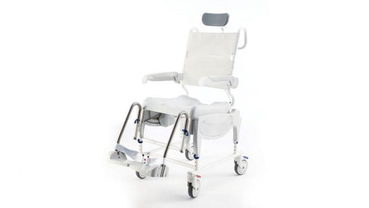 Invacare Aquatec Ocean VIP Ergo Tilt-in-Space Shower Commode with ergonomic seat.