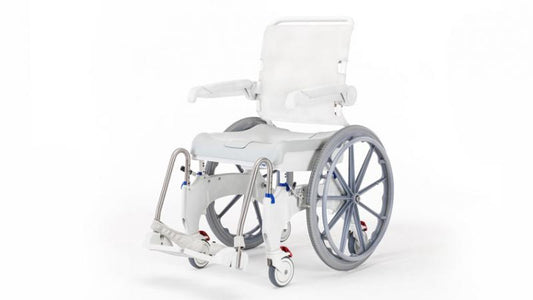 Detail of the quick-release wheel mechanism on the Aquatec Ocean 24” Ergo Shower Chair for easy conversion.
