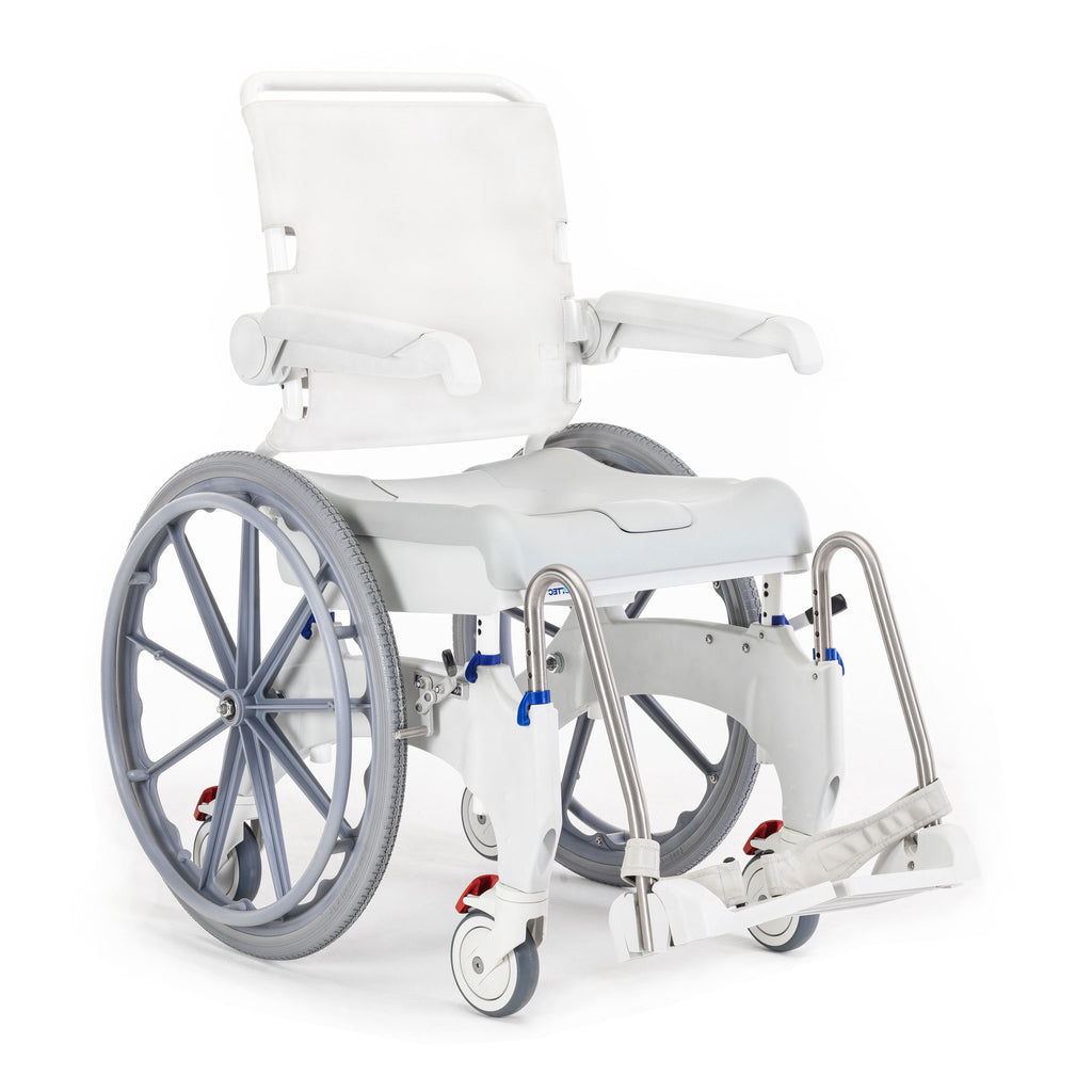 Aquatec Ocean 24” Ergo Self-Propelled Shower Chair with ergonomic seat and quick-release wheels.