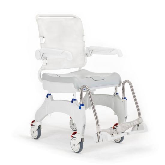 Invacare Aquatec Ocean Ergo shower commode chair with ergonomic blue seat and stainless steel frame