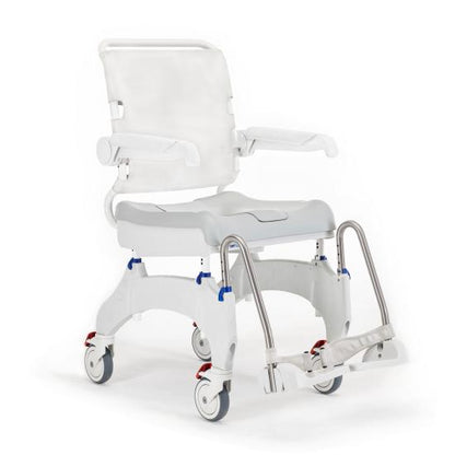 Invacare Aquatec Ocean Ergo shower commode chair with ergonomic blue seat and stainless steel frame
