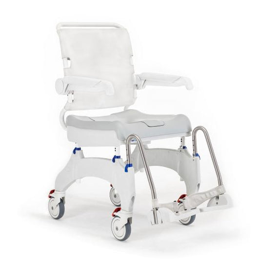 Invacare Aquatec Ocean Ergo shower commode chair with ergonomic blue seat and stainless steel frame