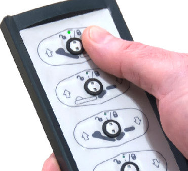 Handset close-up featuring lockable Linak control