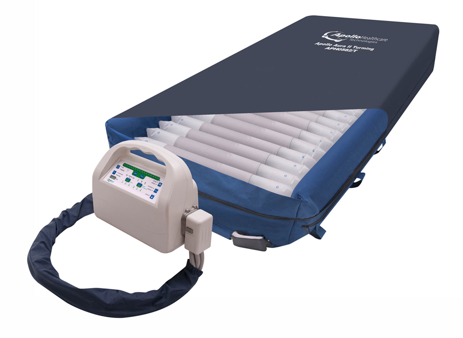 Apollo Aura Turning Low Air Loss mattress on profiling bed showing lateral turning air cells and moisture-control cover