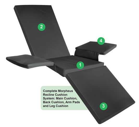 Black recline cushion system with labeled parts on a white background