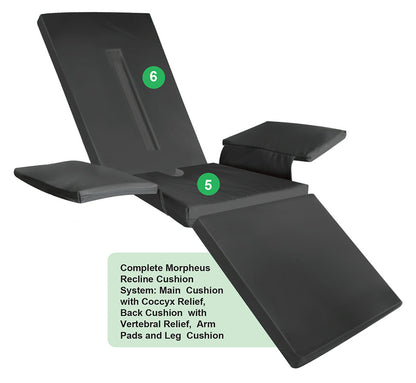 Black recline cushion system with labeled parts on a white background