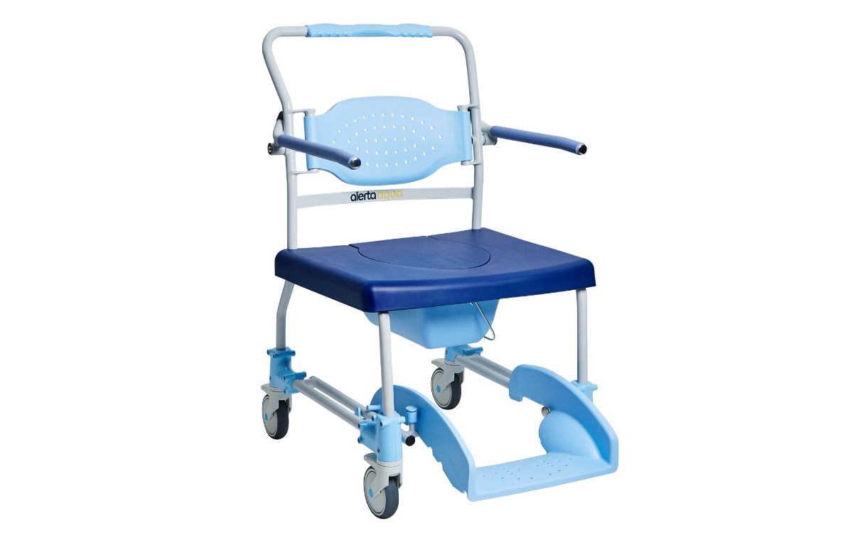 Alerta Aqua Bariatric Shower Commode Chair front view, footrest extended