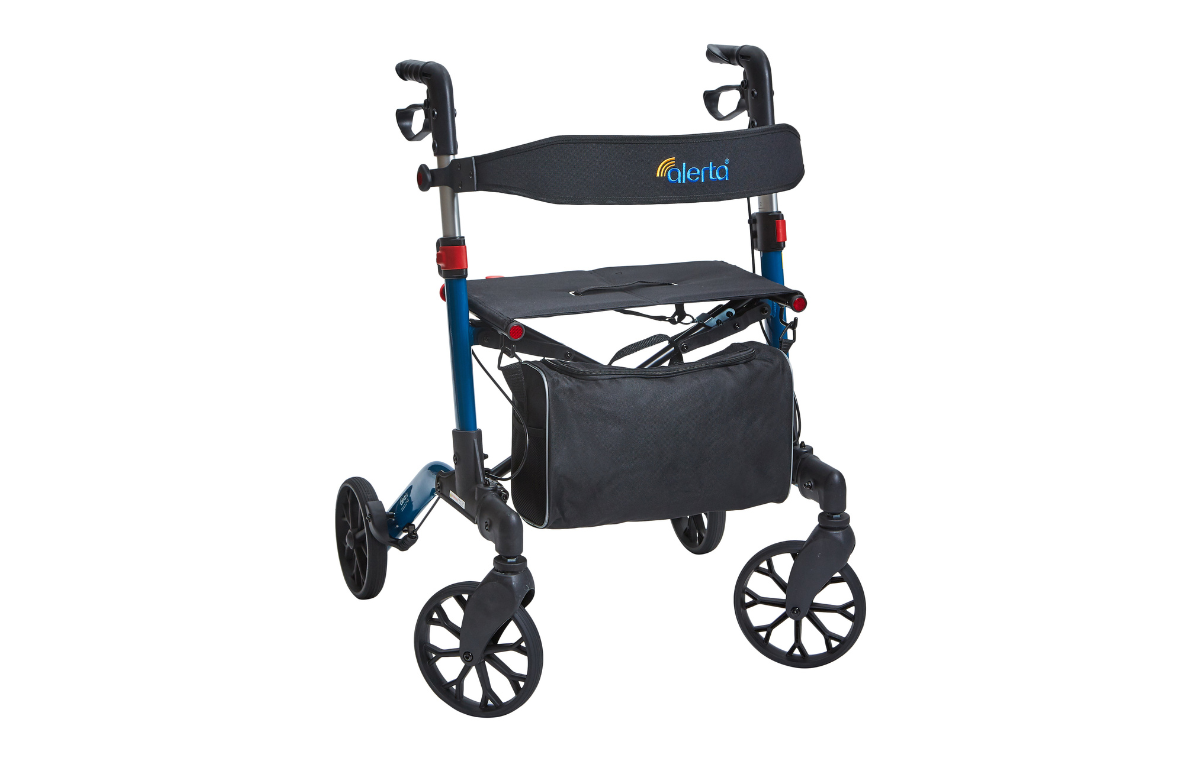 Alerta Four-Wheel Aluminium Dual-Folding Rollator side view with seat and backrest