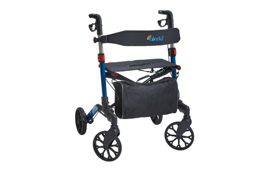 Alerta Four-Wheel Aluminium Dual-Folding Rollator side view with seat and backrest