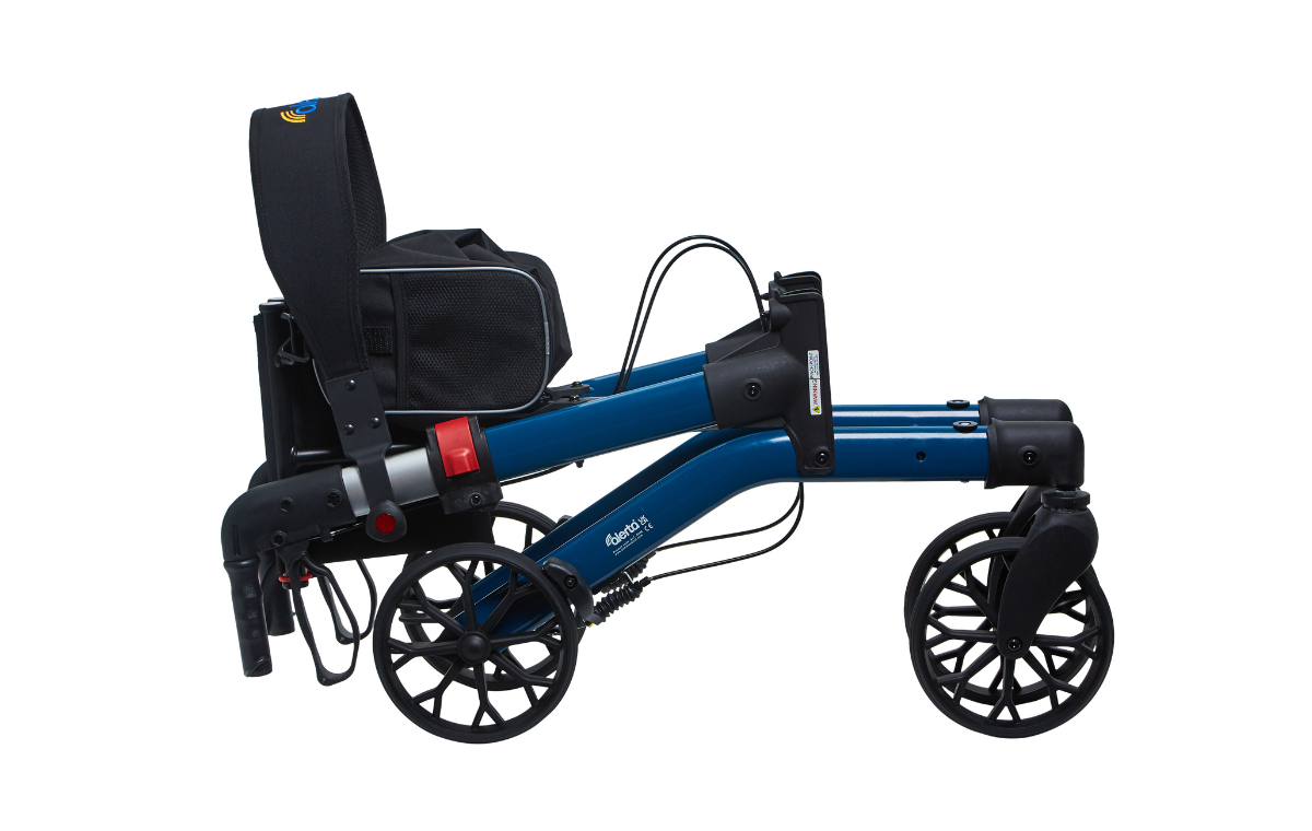 Quick-fold mechanism of Alerta dual folding rollator folded for storage