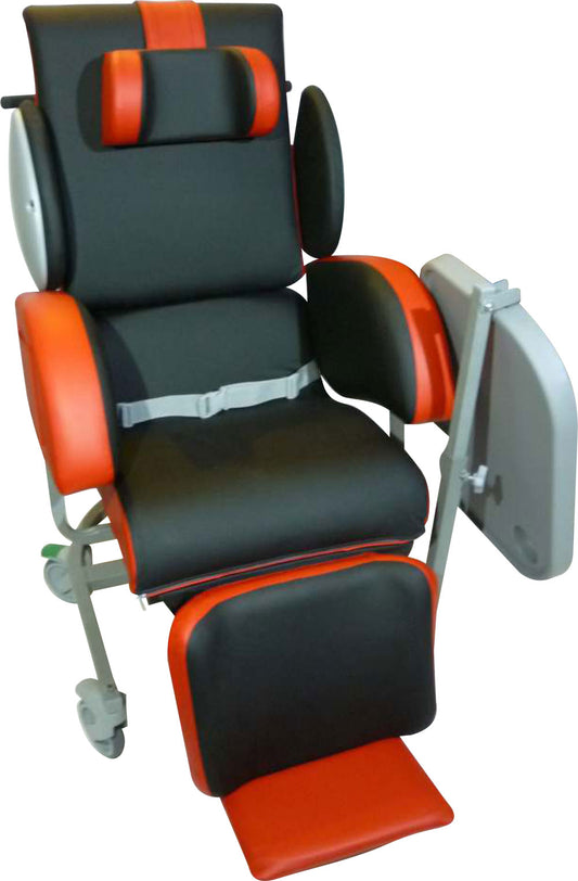 Black and orange recliner chair with a white background